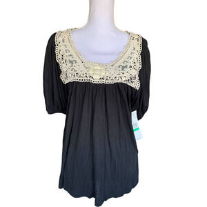 Karen Kane Womens Top Large Black With Lace Decorative Jewels Short Sleeve New